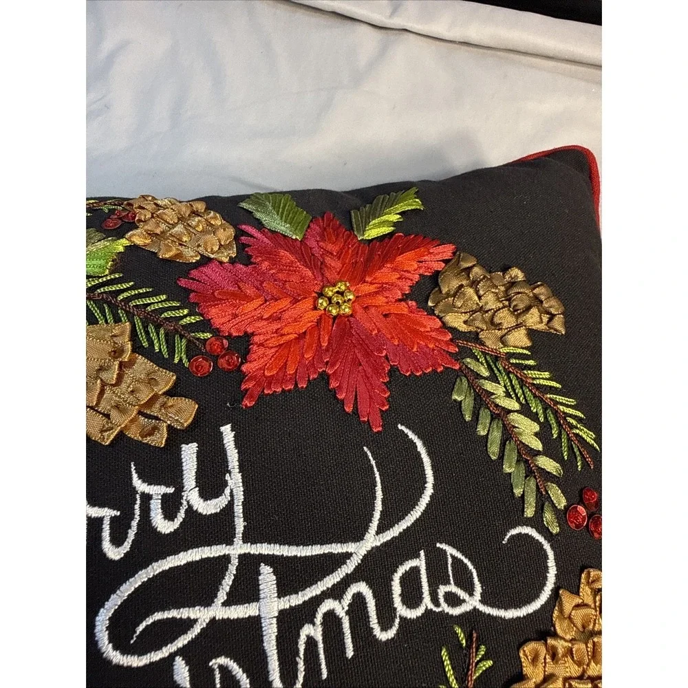 Embroidered Merry Christmas Poinsettia Throw Pillow Black Velvet Holiday Decor